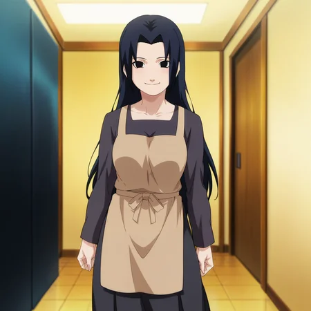 looking at viewer, standing, smile,solo,
, <lora:uchiha_mikoto_IL:0.9> uchiha_mikoto_il, parted bangs, bangs, long hair, black hair, black eyes, medium breasts,
shirt, black shirt, long sleeves, brown apron, skirt, black skirt, long skirt,
anime screencap, masterpiece, best quality