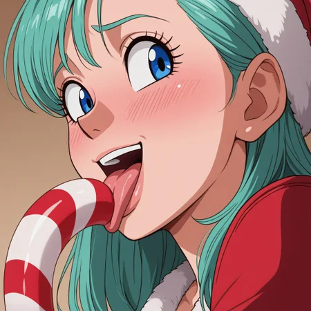 (C4NDYC4N3:1.4), an anime style image, absurdres, best quality, hyper-detailed, dynamic, (Bulma) an adult female is licking a candy cane, Anime coloring, 1girl, Bulma \(DBZ\), aqua hair, blue eyes, eyelashes, milf,licking, tongue out, tongue, upper teeth, smile, face focus, looking to the side, blushing, embarrassed, red coat, santa hat, christmas, masterpiece, best quality, good quality, newest,