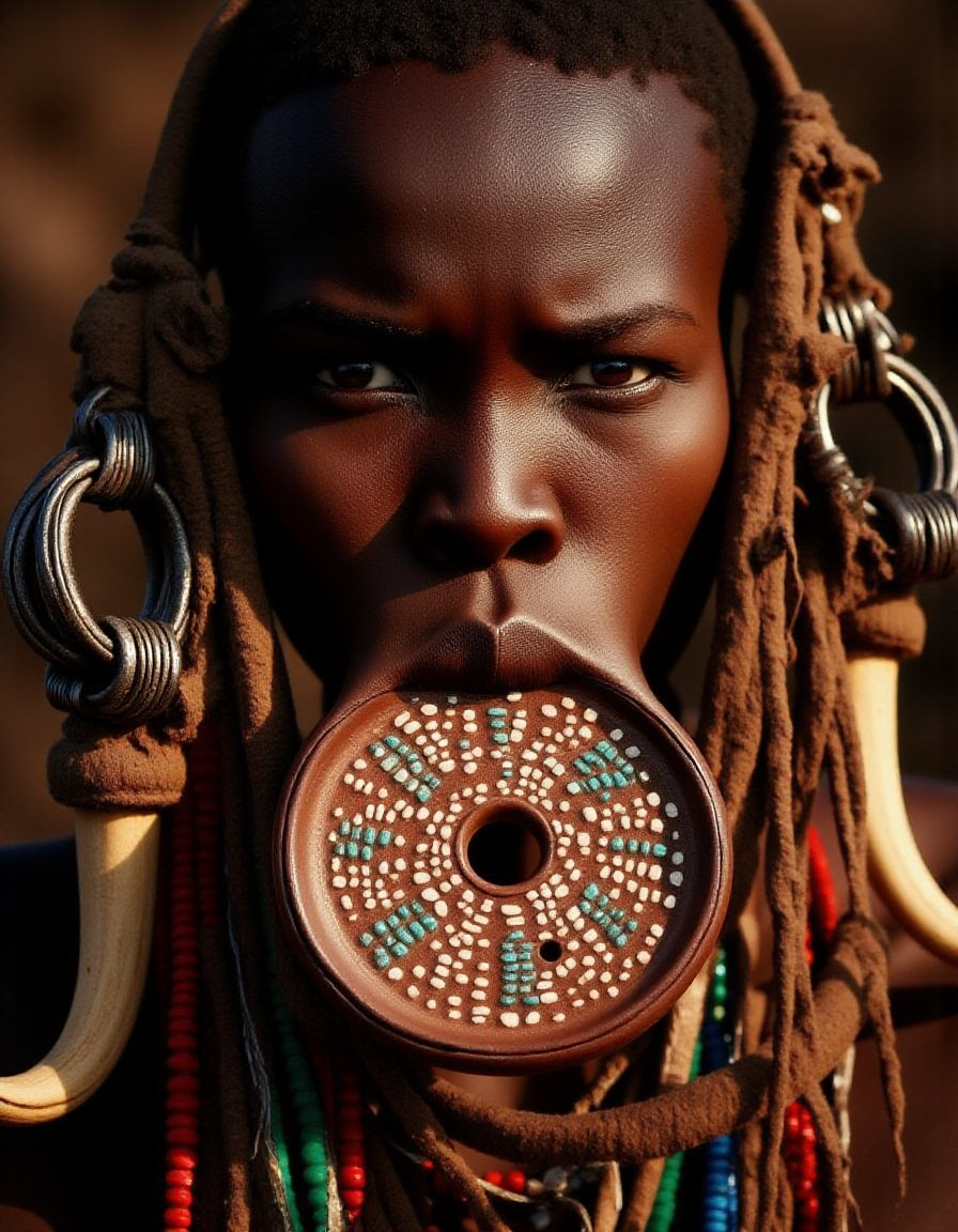 a Murs1 woman, showcasing her distinct facial features and traditional adornments. Her skin is a rich, deep brown, with high, prominent cheekbones and a broad, flat nose, emphasizing her striking natural beauty. Her piercing gaze exudes strength and wisdom, a reflection of her cultural resilience. Her ears are adorned with intricately designed wooden or clay plugs, extending her earlobes in traditional style. Around her neck are multiple layers of carefully hand-strung, colorful beaded necklaces, each bead telling a story of heritage and identity. Her hair is styled in short, tight braids coated with organic mud and natural pigments in earthy ochre tones. The iconic large ceramic lip plate (dhebi a tugoin) accentuates her appearance, decorated with fine hand-painted patterns symbolizing Murs1 artistry. Every detail, from her facial features to her traditional jewelry, is rendered in highly realistic textures and vibrant detail, capturing the essence of her identity within the cultural context.
<lora:mursi:1>
 <lora:drkfnsy_pdxl_EliPot:1>, beautiful light set up,  dynamic range  lighting, RAW candid cinema, 16mm, color graded portra 400 film, remarkable color, ultra realistic, textured skin, remarkable detailed pupils, realistic dull skin noise, visible skin detail, skin fuzz, dry skin, shot with cinematic camera