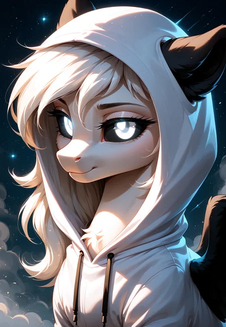 score_9, score_8_up, score_7_up, score_pony, zPDXL3,Albina, 1girl, wild pony, pony, white fur, white long hair, (black sclera:1.1), white eye, (glowing white eyes:1.1), glowing eyes, (black wings:1.4), black ears, in hoodie, in the hood, mysterious expression, cinematic lighting, soft shadows, dark fantasy atmosphere, fog, night, backlight, subtle glowing particles, close-up portrait, high detail, sharp focus, soft glow, BREAK (masterpiece:1.3), (best quality:1.3), (ultra-detailed:1.3), (cinematic lighting:1.2), (depth of field:1.1), (sharp details:1.1)