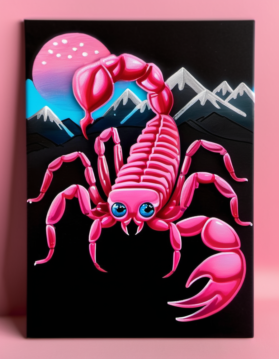 (Realistic:1.5) EdobScorpion, black background, transparent background, multiple boys, marker (medium), sky, spider, dog, pants, mountain, pink theme, blue eyes,  <lora:EdobScorpionArtistic_XL_v1.0:0.8>
