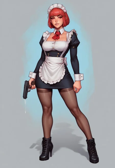 RosieTJ, 1girl, robot girl, metal body, red eyes, red buttons, wheels, white maid cap, white collar, white cuffs, white hip apron, black skirt, female
((full-clothed)), ((long big pistol in hands, handgun in hands))
BREAK
strange world background score_9, score_8_up, score_7_up, score_6_up, source_cartoon, rating_explicit, Expressiveh, (((((full body))))), dynamic pose
