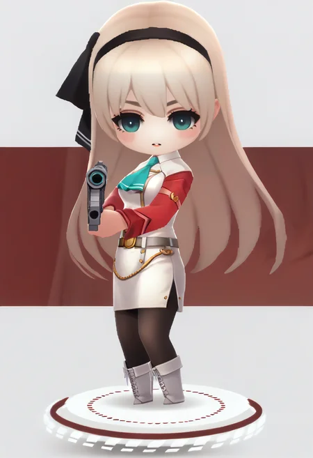 score_9, score_8_up, score_7_up, source_anime BREAK 1girl, solo, chibi, <lora:chibi-nikke-richy-v1_pdxl:1> <lora:elie-pdxl-nvwls-v1-000006:0.8> zeroElie, black hairband, hair ribbon, long hair, ascot, uniform, long red sleeves, white dress, pencil skirt, belt, black pantyhose, white boots, handgun, holding