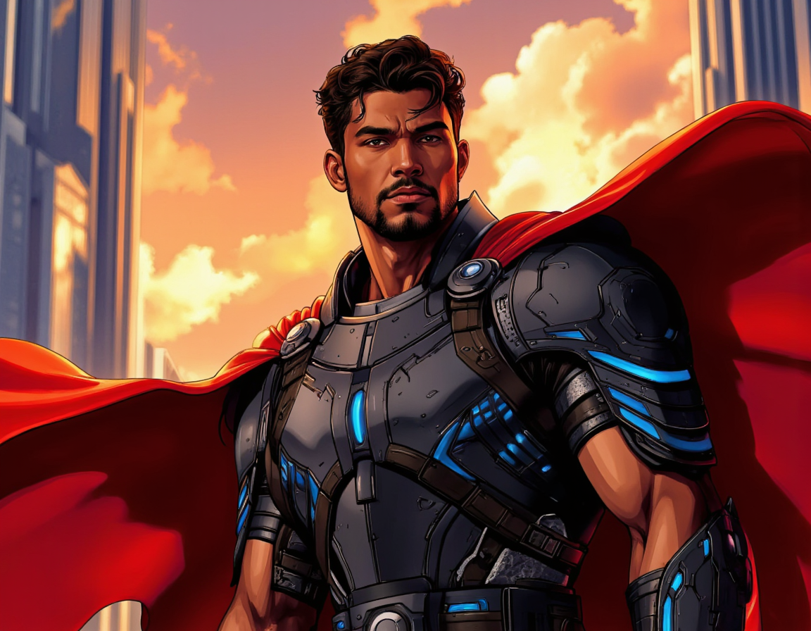  <lora:martoonia:0.65> martoonia, A vibrant, dynamic illustration in the style of Marvel cartoons, depicting a modern warrior standing heroically with a confident stance. The warrior is a tall, muscular man of African descent, with dark brown skin, a strong jawline, and piercing brown eyes that seem to gleam with intensity. His black hair is styled in a short, messy fade, and he has a small scar above his left eyebrow, adding a touch of ruggedness to his appearance. He wears a sleek, high-tech suit of armor that is a dark metallic grey, adorned with intricate, neon blue circuits and accents that pulse with a soft, blue light. The armor is complete with a flowing, crimson red cape that billows behind him, adding a dramatic flair to his pose. His expression is one of fierce determination, with a slight, enigmatic smile playing on his lips. The lighting is bold and dramatic, with a warm, golden glow emanating from the background, casting long, heroic shadows that accentuate his powerful physique. The atmosphere is electric, with a hint of dynamic energy that seems to crackle with anticipation. The background is a blurred, urban cityscape at sunset, with towering skyscrapers and sleek, futuristic architecture that seems to stretch on forever. The shot is a close-up, slightly low-angle shot, emphasizing the warrior's strength and heroism. The overall mood is one of epic, larger-than-life heroism, with a hint of high-stakes action and adventure. The image features a bold, comic book-inspired rendering style, with sharp lines, vibrant colors, and dramatic textures that seem to leap off the page. The warrior's eyes seem to burn with an inner fire, as if daring the viewer to join him on his quest for justice. . 35mm photograph, film, bokeh, professional, 4k, highly detailed