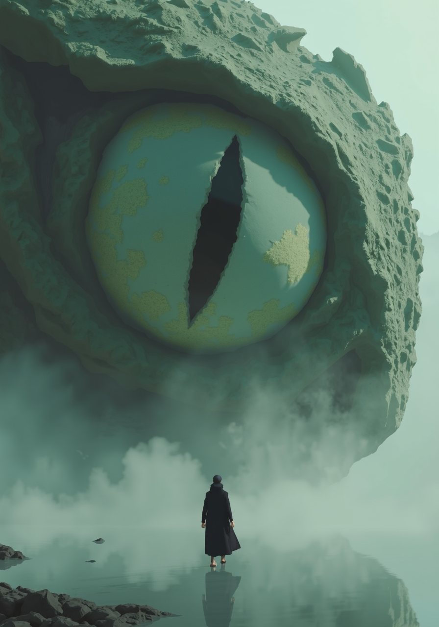 g00se art with smooth textureless style with muted pastel palette of, a striking and surreal scene that combines elements of both the natural world and fantasy. Dominating the composition is a massive, reptilian eye, filling almost the entire frame. The eye is highly detailed, with a slit-like pupil that suggests it belongs to a large, powerful creature, perhaps a dragon or another mythical being. The texture around the eye is rugged and scaly, giving the impression of ancient, weathered skin. In the lower portion of the image, a solitary human figure stands before the eye, dressed in a flowing black robe. The figure is tiny in comparison to the colossal eye, emphasizing the vast difference in scale and power between the two. The person stands on a surface that appears to be water or mist, which reflects the eerie, otherworldly light that surrounds the scene. The atmosphere is misty and dreamlike, adding to the sense of mystery and awe. Overall, the image is both dramatic and thought-provoking, blending cultural elements with a fantastical imagination to create a visually captivating scene.<lora:g00se.safetensors:1.1:1.1>