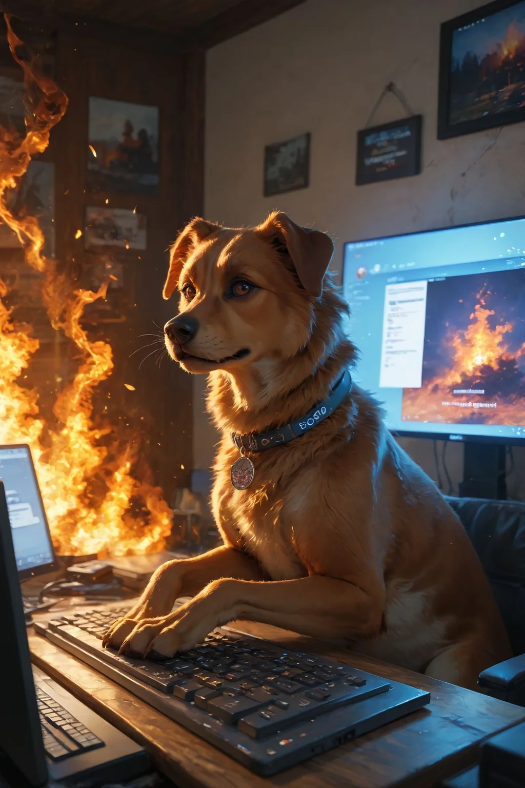 looking at viewer,detailed background,Cinematic Lighting,film grain,score_9,score_8_up,score_7_up,masterpiece,best quality,highly detailed,
<lora:(增强)sdxl_lightning_8step_lora:1>,<lora:glowneon_xl_v1:1>,glowing,<lora:Expressive_H:0.8>,Expressiveh,<lora:th3rm4lXLP:0.4>,th3rm4l,colorful,
realistic,computer,(no humans),keyboard (computer),monitor,english text,dog,(fire:1.2),animal,indoors,(burning:1.2),