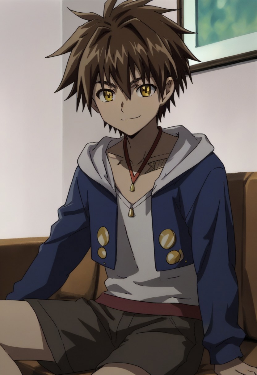 score_9, score_8_up, score_7_up, source_anime, highly detailed, 
TraiHeay, 1boy, male focus, solo, brown hair, hood, hoodie, jewelry, yellow eyes, necklace,
shorts, open hoodie, white shirt, sit, smile
indoor, couch,