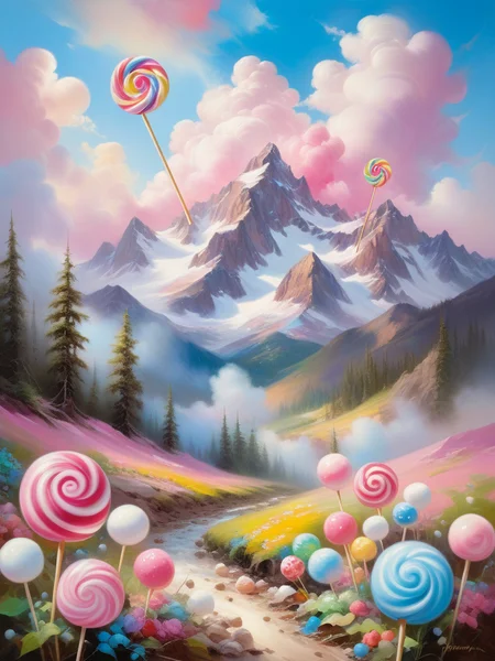 <lora:10NaturalismPainting_Hap_XL:1.5>, Thomas Moran style,oil painting, Cartoon-style mountain landscape with fluffy clouds, dotted with lollipops and marshmallows in varying shades of pink and blue, landscape dominated by pastel hues, candy-themed elements whimsical scattered throughout, marshmallows appear soft-textured and lollipops have a glossy sheen, pink and blue skies contrasting with the greenery, high saturation, playful color scheme, digital painting,