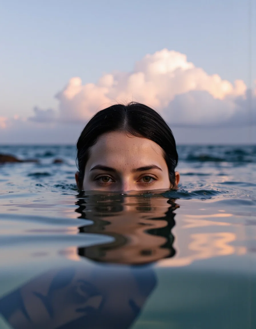 A photorealistic low angle shot of a person submerged in water with only half of their head above the surface of the water. The image also shows a woman in the middle of the image, looking directly at the viewer with her brown eyes. She has short black hair and appears to be in her early twenties. The woman is partially submerged in the water up to eye level, her nose and mouth are not visible, and the part of her face that is above the surface is reflected in the water. The background is a gradient of blue and pink hues, with soft clouds in the distance. The overall mood is peaceful and contemplative, with the woman's expression and soft lighting creating a sense of depth and dimensionality.