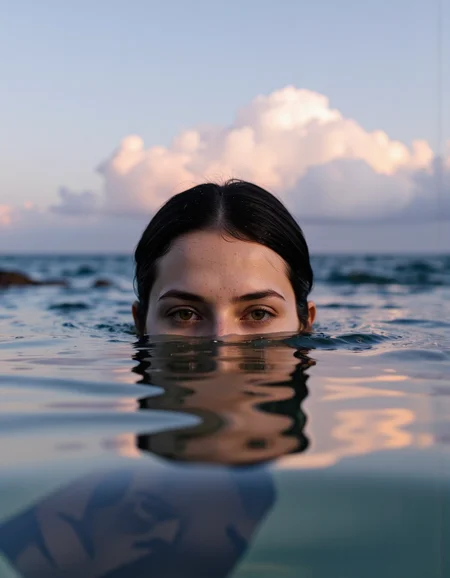 A photorealistic low angle shot of a person submerged in water with only half of their head above the surface of the water. The image also shows a woman in the middle of the image, looking directly at the viewer with her brown eyes. She has short black hair and appears to be in her early twenties. The woman is partially submerged in the water up to eye level, her nose and mouth are not visible, and the part of her face that is above the surface is reflected in the water. The background is a gradient of blue and pink hues, with soft clouds in the distance. The overall mood is peaceful and contemplative, with the woman's expression and soft lighting creating a sense of depth and dimensionality.