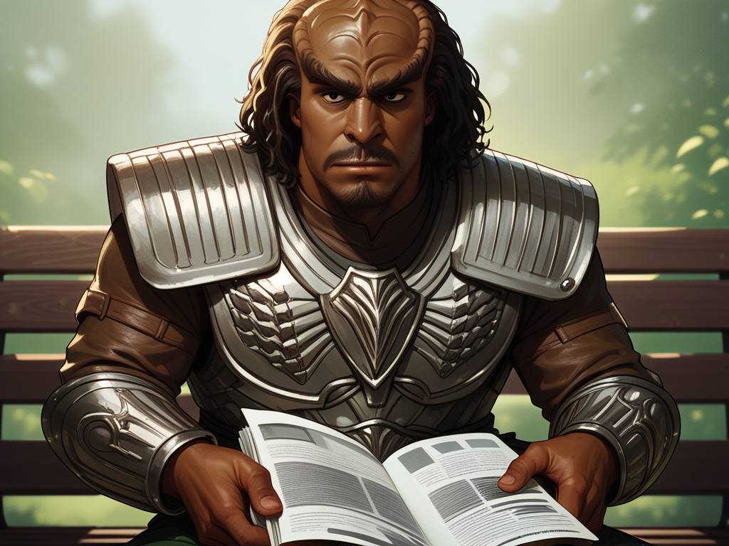 sitting on a park bench reading a newspaper <lora:Klingon_v2_pony:1> score_9,score_8_up,score_7_up,score_6_up,score_5_up,score_4_up , 1man, kling0n alien, large forehead ridges, brown skin, large eyebrows, wearing warrior armor,