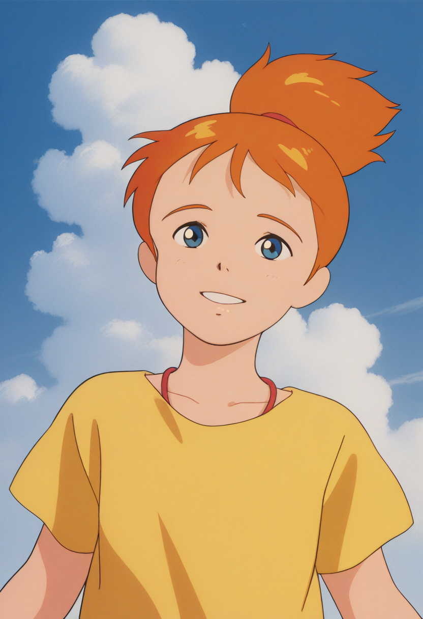 masterpiece, best quality, source_anime,official art,perfect_anatomy,1990s_\(style\),retro_artstyle,1girl,solo,Nanami Simpson,blue_eyes,orange_hair,ponytail,yellow_shirt,t-shirt,looking_at_viewer,smile,upper body,flat chests,day,blue_sky,cloud