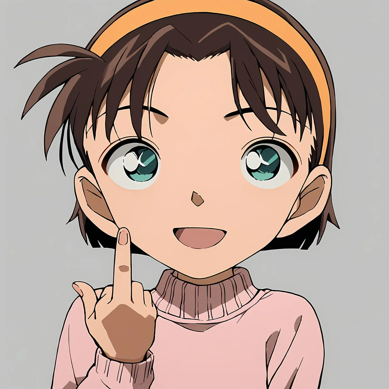 score_9, score_8_up, score_7_up, score_6_up, score_5_up, score_4_up, source_anime, <lora:AyumiY_T1V1:0.90>,
1girl, solo, 
AyumiY_T1V1, female child, chibi, brown hair, short hair, aqua eyes, orange hairband,
pink sweater, turtleneck sweater, long sleeves,
hand up, middle finger,
looking at viewer, smile, open mouth,
upper body,