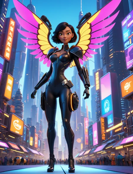 (dynamic pose:1.8),
A 3D cartoon-style image of a woman with mechanical wings, set in a futuristic city. The wings are stylized with glowing elements and metallic textures. She wears a sleek black outfit with bright accents and holds a sci-fi weapon. The background features stylized skyscrapers, neon signs, and a lively cityscape. Rendered in a Pixar-like style, with vibrant colors, smooth textures, and expressive facial features. The scene is bright and colorful, with a cheerful atmosphere.