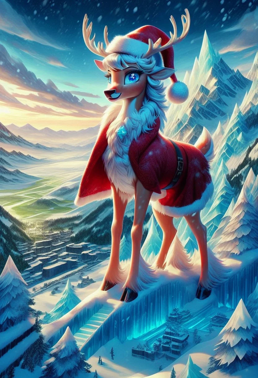 fr0stwrld, snow, ice, score_9, score_8_up, score_7_up, masterpiece, best quality, ultra-detailed, a realistic ice deer wearing santa vest and santa hat, frozen world landscape, city, sharp icy fur, sparkling eyes,