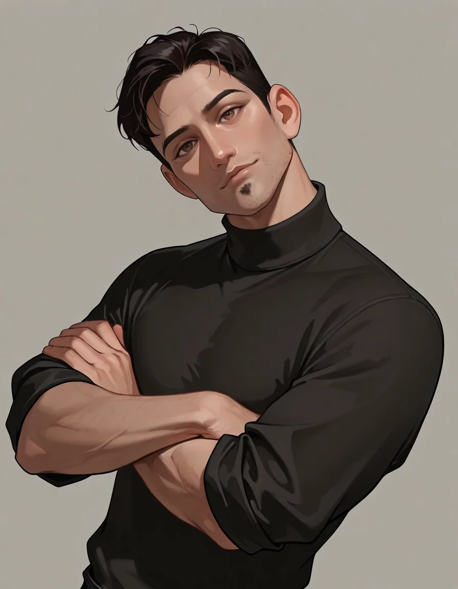masterpiece, best quality, absurdres, newest, perfect quality, best quality, male focus, solo, realistic, <lora:The Iron Giant - Dean McCoppin - Illustrious-000006:0.7>, dmccoppin, 1boy, black hair, short hair, stubble, goatee, brown eyes, black turtleneck, sleeves rolled up, crossed arms, head tilt, upper body