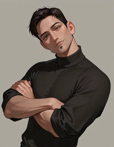 masterpiece, best quality, absurdres, newest, perfect quality, best quality, male focus, solo, realistic, <lora:The Iron Giant - Dean McCoppin - Illustrious-000006:0.7>, dmccoppin, 1boy, black hair, short hair, stubble, goatee, brown eyes, black turtleneck, sleeves rolled up, crossed arms, head tilt, upper body