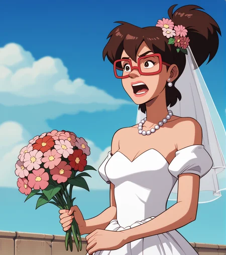 score_9, score_8_up, score_7_up,
irma, wearing white wedding dress, glasses, angry, open mouth, top teeth, outdoors, pearl necklace, pink flowers in hair, blue sky background <lora:Irma_Langenstein:1>
