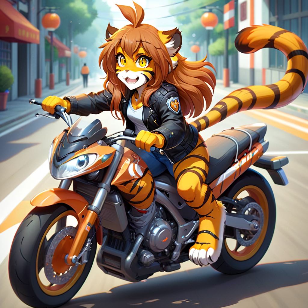 FLTKL4 is riding a motorcycle and wearing a leather jacket,
1girl,solo,furry female,cute tiger girl,animal feet,tiger tail,animal nose,(big and detailed yellow eyes with slit pupils:1.3),long brown and orange hair,ahoge,antenna hair,tiger ears,navel,body fur,multicolored fur,orange fur with black stripes,good anatomy,detailed face and mouth,
(anime:1.3),(Masterpiece:1.1),best quality,ultra detailed 8k,Cartoon,
<lora:neg4all_bdsqlsz_xl_V7:1>,<lora:FloraX3-000002:1> <lora:clothing_slider_v19:1.3>