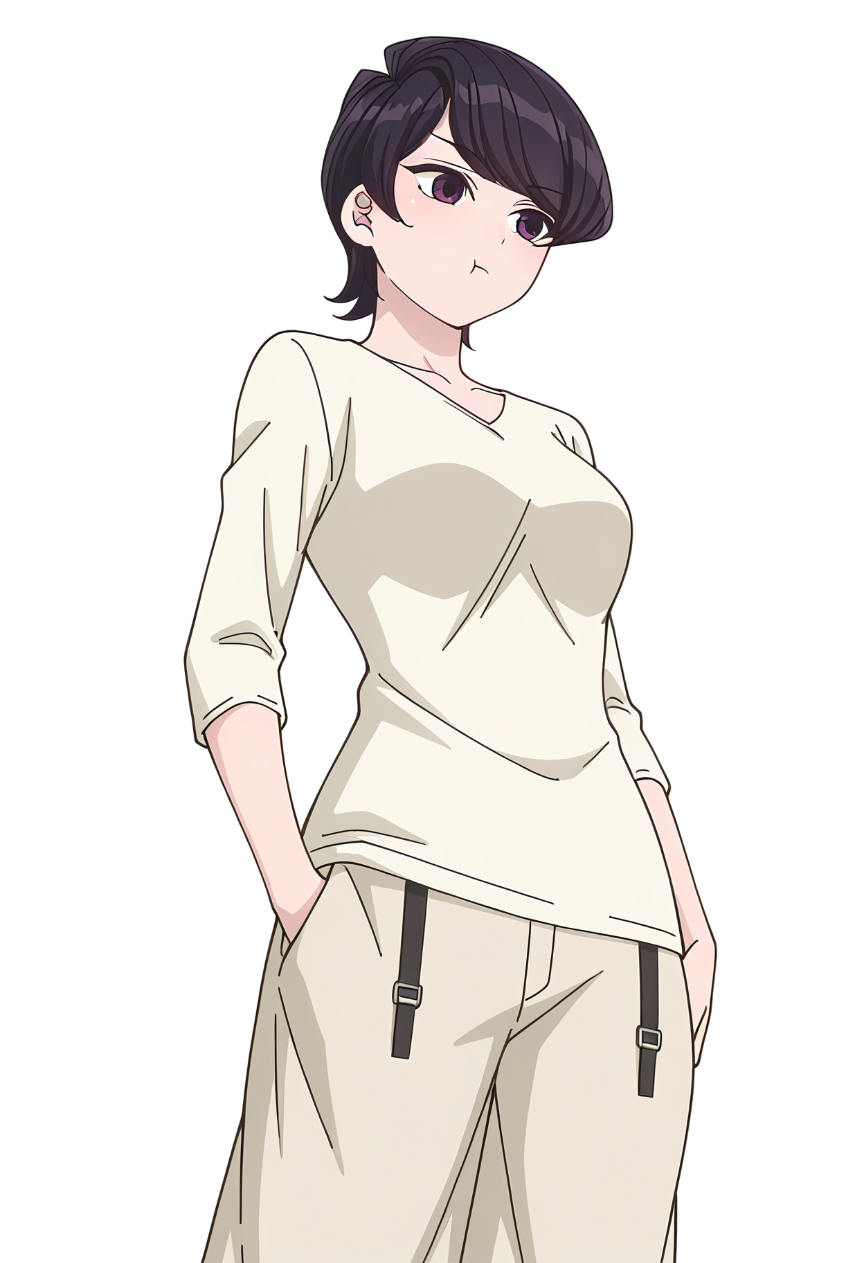Smooth Quality,masterpiece,very intricate, high quality details, ultra realistic, high detailed skin,detailed enviorement,
simple background, white background,from below,:t,
garter straps, ,baggy pants, , 
<lora:Komi_Shuuko_cnn:0.8> komishuukocnn, 1girl,black hair, short hair, bangs, purple eyes,mature female,shirt,