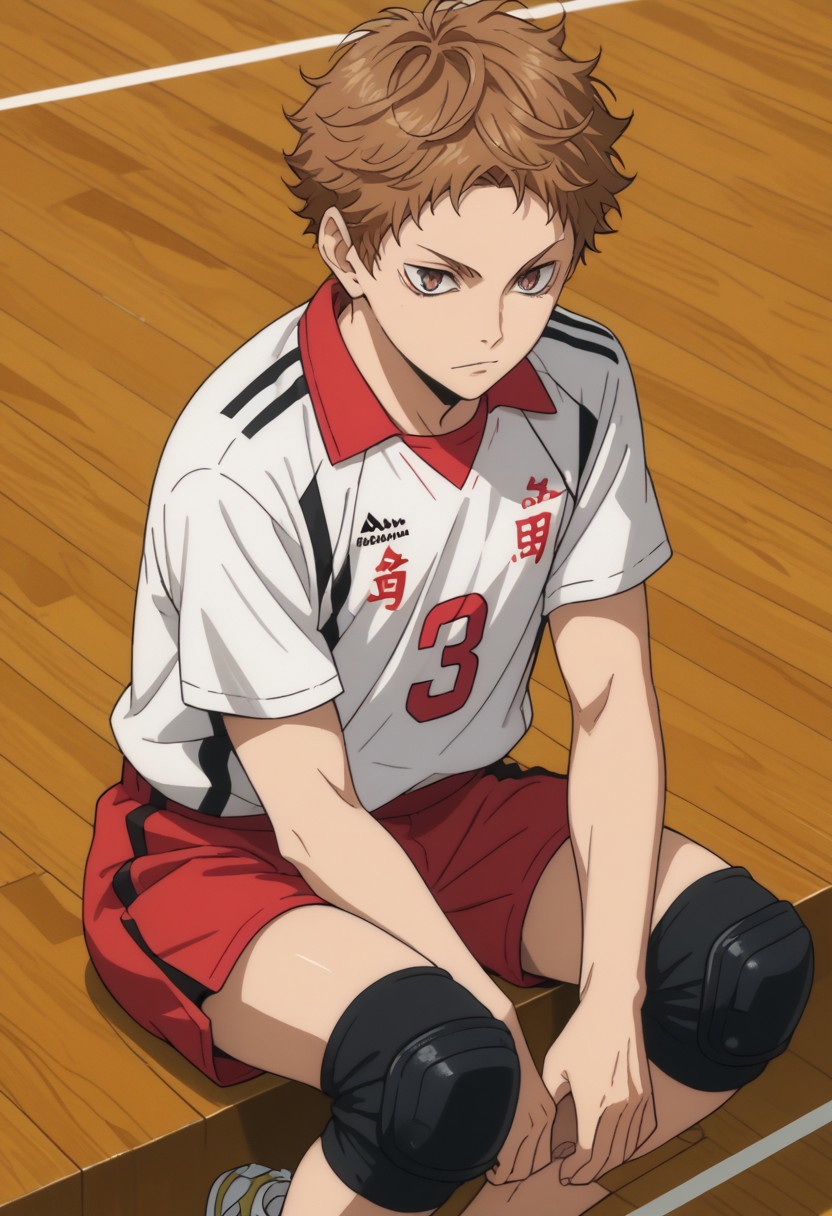 score_9, score_8_up, score_7_up, source_anime, rating_safe, Yakaikyu, 1boy, male focus, anime screencap, slit pupils, white-red Nekoma shirt, red Nekoma shorts, black knee pads, white sneakers, sitting,