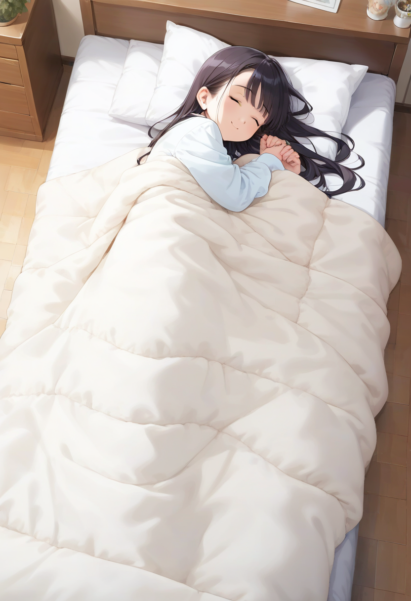 score_9, score_8_up, score_7_up, rating_safe, masterpiece, best quality, absurdres, unity 8k wallpaper, official art, official style, source_anime, uncensored, game cg, megami magazine, ultra delicate hair,
1girl, chibi, solo, black hair, long hair, happy, smile, :3,
futon, pillow, closed eyes, bed, sleeping, lying, under covers, blanket,
 <lora:kakefuton_pony_V1:1>
