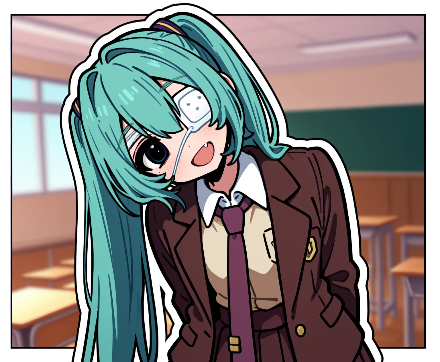 1girl, hatsune miku, hmmonitoring, solo, very long hair, twintails, bangs, hair between eyes, medical eyepatch, school uniform, collared shirt, necktie, jacket, open jacket, long sleeves, pleated skirt,
upper body, open mouth, fang, :d, happy, head tilt,
indoors, school, blurry background,
rating safe, omufujoshi, white outline,
masterpiece, best quality, amazing quality, highres, newest, <lora:omufujoshi:1.0> <lora:mikumonitoring-000009:1.0>