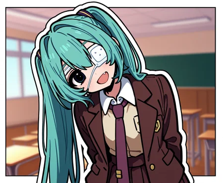 1girl, hatsune miku, hmmonitoring, solo, very long hair, twintails, bangs, hair between eyes, medical eyepatch, school uniform, collared shirt, necktie, jacket, open jacket, long sleeves, pleated skirt,
upper body, open mouth, fang, :d, happy, head tilt,
indoors, school, blurry background,
rating safe, omufujoshi, white outline,
masterpiece, best quality, amazing quality, highres, newest, <lora:omufujoshi:1.0> <lora:mikumonitoring-000009:1.0>
