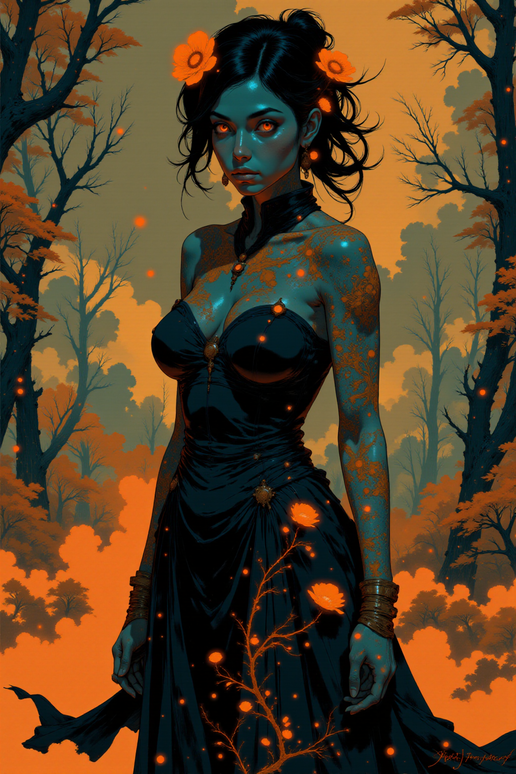 <lora:Fancha_style_v.5:0.99> Fancha style. This is a digital painting in a fantastical, surreal style, depicting a mystical, ethereal woman. The artwork features a woman with a dark blue skin, standing in a dramatic, almost ethereal pose. Her body is adorned with intricate, glowing patterns that blend seamlessly into her skin, creating an otherworldly effect. She has flowing, wavy hair styled elegantly and adorned with fiery, glowing flowers and leaves that match the fiery hues of the background. Her eyes are a piercing, glowing red, adding to the mystical aura. The woman's dress is a flowing, dark, almost black garment that appears to be made of a material that absorbs and reflects light, creating a shimmering effect.