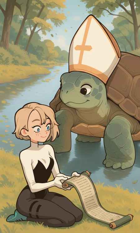 embedding:IllusP0s, wwafr, turtle pope, 1girl, gwen stacy_\(spiderman\), 1girl, sitting, smile, holding scroll, reading, outdoors, grass, river, trees, leaves,<lora:wwafr-10.safetensors:1.0:1.0> <lora:turtle_pope_r1.safetensors:1.0:1.0>