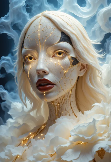 Close-up portrait of a statue of a woman. Her head and body are made of ivory and smooth with numerous, glowing, fine, hairline cracks covering the head and down her neck creating an organic mosaic pattern. She is biomechanical. Her eyes are an intense hazel color with black eyeshadow, and her lips are a rich, deep red color. A spot light focuses on her eyes, creating strong highlights and shadows. The light background is softly blurred showing a sea of white rose petals, but is blurred and out of focus so all visual attention is on the woman's eyes, nose and mouth. Her hair is stark white and falls around the lower half of the image. She is blending in with the background. She is looking at the viewer intensely. Blue and white smoke surround her body. She is like a bust. The overall impression is one of dramatic beauty, with an almost otherworldly quality.  (((ultra-realistic style))), realistic soft lighting, eye-catching, atmospheric lighting, smokey environment, natural, shallow depth of field, (highlights: 0.8), high detail (dynamic, sincere, cinematic shot, film grain, bokeh, depth of field)