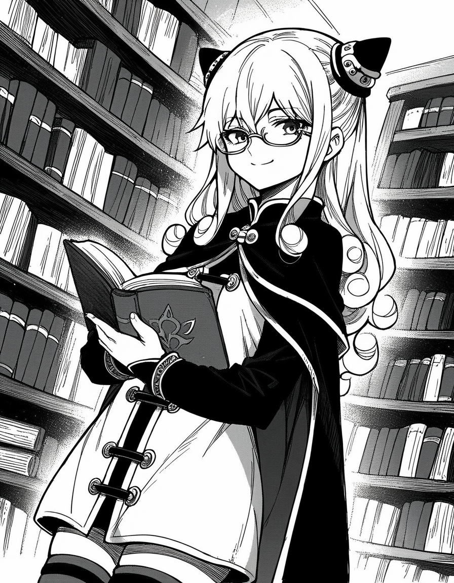 score_9, score_8_up, score_7_up, source_anime, <lora:ashe-talton-manga-ponyxl-lora-nochekaiser:1>, rengoku ashe, long hair, greyscale, monochrome,, thighhighs, long sleeves, capelet, cape, dress, white dress,, library, reading books, glasses, quiet, focused, shelves of books, smile, looking at viewer, solo,, cowboy shot, dutch angle