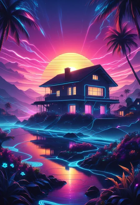 (16k wallpaper:1.1),(Highest quality:1.4),(High resolution:1.4), (masterpiece:1.4), synapse, simple art, synthwave, size balance. sunset, very aesthetic, absurdres, house,