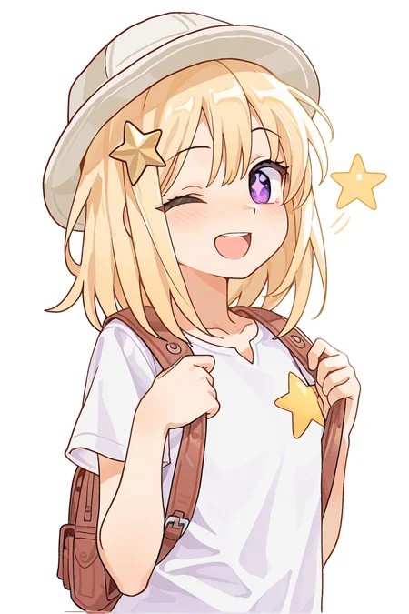 masterpiece, best quality, amazing quality,
 <lora:Lango_IL:1> lango, 1girl, solo, one eye closed, blonde hair, hat, backpack, bag, purple eyes, shirt, smile, white background, white shirt, star (symbol), open mouth, short sleeves, simple background, medium hair
