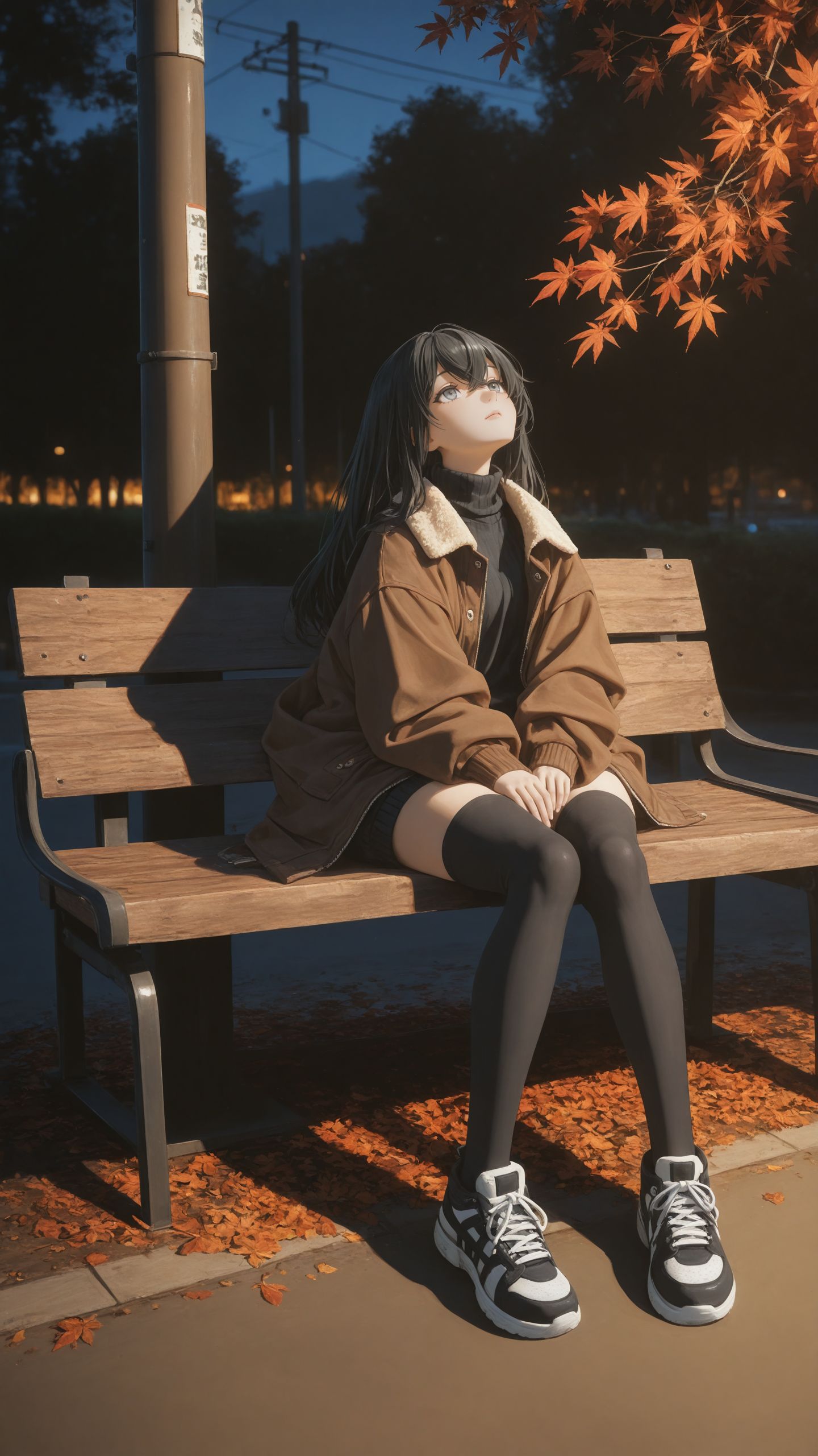1girl, portrait, (oil painting \(medium\):1.3), (watercolor effect:1.2), portrait, <lora:add-detail-xl:1>,
masterpiece,best quality,
black hair, long hair, crossed bangs, grey eyes, detailed eyes, long sweater, turtleneck sweater, black sweater, bare thighs, black thighhighs, bomber jacket, brown jacket, oversized clothes, sneakers, 
sitting on a bench, arms on lap, night scene, public park, utility pole, warm streetlight, autumn leaves, serene expression, looking up, soft lighting, cinematic atmosphere, moody, detailed background, painterly style, digital painting, peaceful, anime-inspired, atmospheric, solitude, quiet night, warm and cool contrast,
wide shot, full body