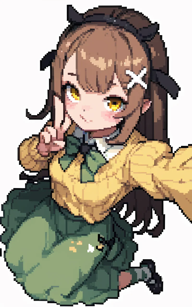 1girl, brown hair, long hair, yellow eyes, small breasts, bow hairband, green bow, hairclip, x hair ornament, yellow sweater, wool sweater, heavy sweater, fluffy sweater, closed sweater, white undershirt, green skirt, white collar, black ribbon tie, long skirt, full-length skirt, covered legs, multicolored ribbon, striped stockings, virtual youtuber, simple background, white background, focus on face, selfie, v, from above,
score_7_up
<lora:1856601-11-000002:1>