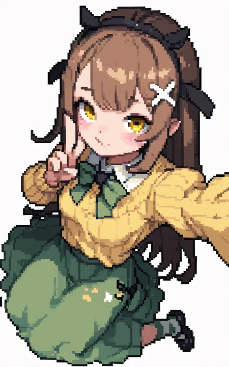 1girl, brown hair, long hair, yellow eyes, small breasts, bow hairband, green bow, hairclip, x hair ornament, yellow sweater, wool sweater, heavy sweater, fluffy sweater, closed sweater, white undershirt, green skirt, white collar, black ribbon tie, long skirt, full-length skirt, covered legs, multicolored ribbon, striped stockings, virtual youtuber, simple background, white background, focus on face, selfie, v, from above,
score_7_up
<lora:1856601-11-000002:1>