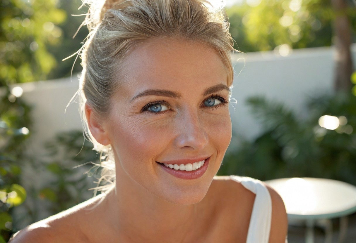 "A hyper-detailed, high-resolution (8K) close-up portrait of a 40-year-old woman with sleek blonde hair tied back in a soft bun, wearing a light, airy white blouse. Her striking blue eyes gleam with happiness, framed by delicate laugh lines that enhance her natural charm. The background is intentionally blurred, suggesting a lush garden terrace brunch—sun-dappled foliage, a wrought-iron table, and scattered morning light filtering through leaves. Shot with a Hasselblad H6D-100c medium-format camera, using a tight crop and a shallow depth of field (f/2.8) to emphasize the interplay of light on her skin and the fine strands of her hair. The lighting is natural yet sculpted, inspired by Annie Leibovitz’s ability to blend realism with ethereal beauty."