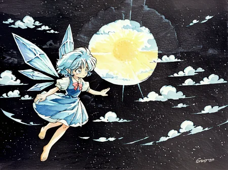 zPDXL3, source_anime, traditional media, <lora:ZB_Watercolorv1:0.6> Watercolor <lora:Ippongi_Ban_Artist_Style_PonyXL:1> <lora:Cirno:0.8> cirno, 1girl, wings, blue eyes, dress, bow, ice wings, blue hair, ice, blue dress, short sleeves, blue bow, short hair, hair bow, puffy sleeves, red ribbon, barefoot, flying, <lora:ncpy13 style_a:1> ncpy13 style, pastels drawing, black background, sky, sun, cloud