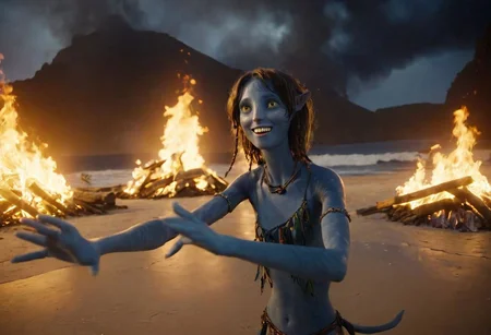 Kiri is dancing in circle of her blue-skinned sisters on beach sand, closeup, hands above the head, smiling, laughing, big eyes wide open, (lit by the flames of bonfires), night, darkness, (torches and campfires on sand), (sea with (((high surf)))) on background, SK_CINEMATIC