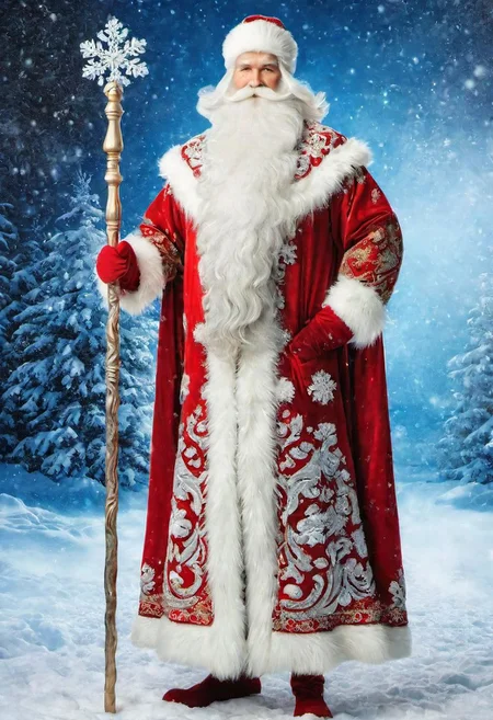((best quality)), ((masterpiece)), detailed soft oil painting, detailed background, soft edge lighting, professional, ultra quality, 4k,(masteriece, best quality, 8k, ultra highres, highres:1.4), extremely detailed,
((a strong man of 60 years old with a long snow-white beard in the image of Russian, slavic Ded Moroz))
(standing:2) (full body photo:2) in the snowy forest,
stands in a snowy forest among snow-covered fir trees,
in a white fur coat trimmed with swan down or sable fur, embroidered with traditional Russian ornaments in silver - stars, crosses, geese, drawing in the style of oil painting, medium brush strokes, khokhloma style, slavic style,
On the head is a traditional white warm boyar hat in the shape of a semi-oval, decorated with traditional Russian silver and pearl embroidery, trimmed with swan's down.
on her hands are huge white three-fingered mittens, decorated with traditional Russian silver embroidery.
The fur coat is tied with a white sash, embroidered with traditional Russian patterns.
On his feet are exclusively white felt boots embroidered with silver.
(((With his right hand he holds a long magical crystal staff with a twisted handle. The staff is decorated with a moon and a bull's head))).
looks at the viewer, cheerful calm kind look, kind smile, cheeks red from frost,
winter, a bright sunny frosty day, fluffy Christmas trees in snow, snow sparkles under the rays of the sun,
by Viktor Vasnetsov, by Vasily Surikov