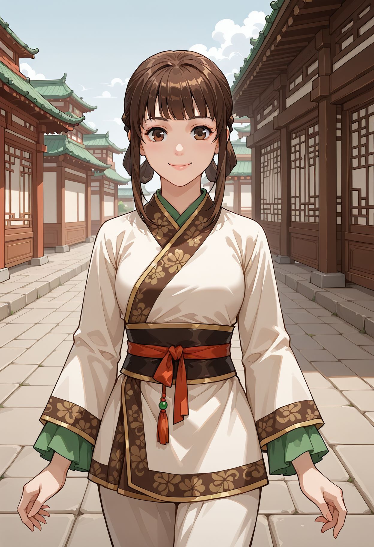 <lora:shuijing_(xuan_yuan_sword)_v1_IL-29:1.0> shuijing, 1girl, brown hair, brown eyes, white chinese clothes, looking at viewer smile, outdoors, source_anime
