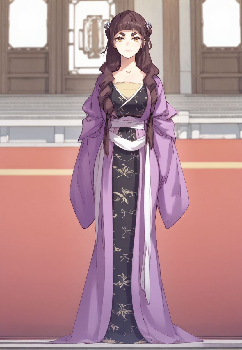 zPDXL3, score_9_up, score_8_up, score_7_up, (Anime_source),Masterpiece,(perfect female body:1.2), small waist,(incredibly detailed:1.4), slim, beautiful fingers, beautiful white skin, Beautiful clear skin, perky breasts, looking at viewer, (large breasts:1.3) (huge breasts:1.1) <lora:Lady_Peng_-_Masters_of_Lightning_Knives-Kaleid_PONY:1> ladypeng, 1girl, long hair, brown hair, yellow eyes, hair ornament, braid, hair bun, bangs, thick eyebrows, hanfu, chinese clothes, long sleeves, collarbone, standing, full body
