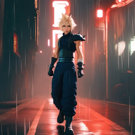 1boy,cloud strife,looking at viewer,<lora:FF7Rstyle_illustrious:1>,ff7rstyle,outdoors,cyberpunk,alleyway,night,rain,masterpiece,newest,