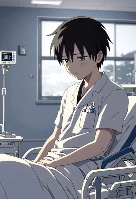 Highres, Masterpiece, High Quality, 4K, 8K, solo, 1Boy, Takaki Toono, adult, black hair, short hair, inpatient room, supine, patient, soft light, hospital, medical furniture, sleep, pale, infusion, tired, sick, uncomfortable, easynegative, detailed_eye_model