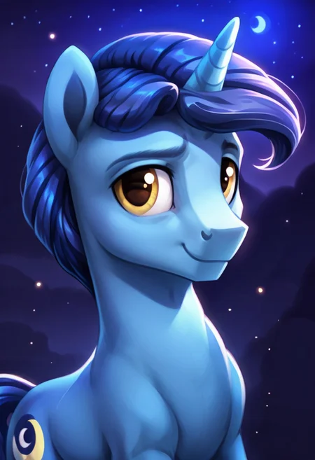score_9, score_8_up, score_7_up, score_6_up, score_5_up, score_4_up, my little pony, ((feral pony)), ((NIGHT LIGHT)), 1MAN, ((solo)), (sexy), beautiful, detailed, (detailed cute pony face), detailed GOLDEN eyes, detailed DARK BLUE fur, ((Beautiful UNICORN pony:1.5)), beautiful, vector, (beautiful dark blue short hair), (looking at you), calm smile, (((blue starry night sky))), blue crescent moon, ((front view)), MUSCULAR STALLION, muscles, blue clouds,