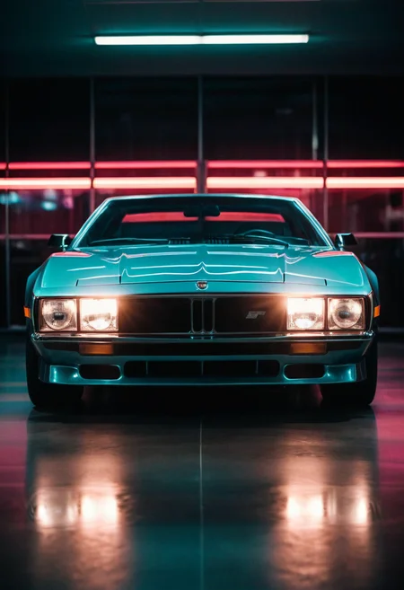 ClassicSportsCar, gleaming prototype, symmetrical front view, bright headlights, neon lights, glass background, light reflections, 4K, highly detailed, (stylish grainy analog 35mm film photo:1.2)