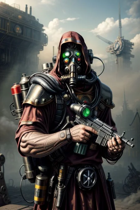 ((masterpiece,best quality)), absurdres, BREAK
mechanical arms, black robes, hood, BREAK
((techpriest)), cyborg, mechanical face, mechanical limbs, gas mask, mechanical tentacles, (mechanical backpack), BREAK
1other, solo, holding pistol, firearm, handgun, pistol, gun, BREAK
factory background, smoggy sky, air pollution, smokestacks, BREAK
(style-rustmagic),
