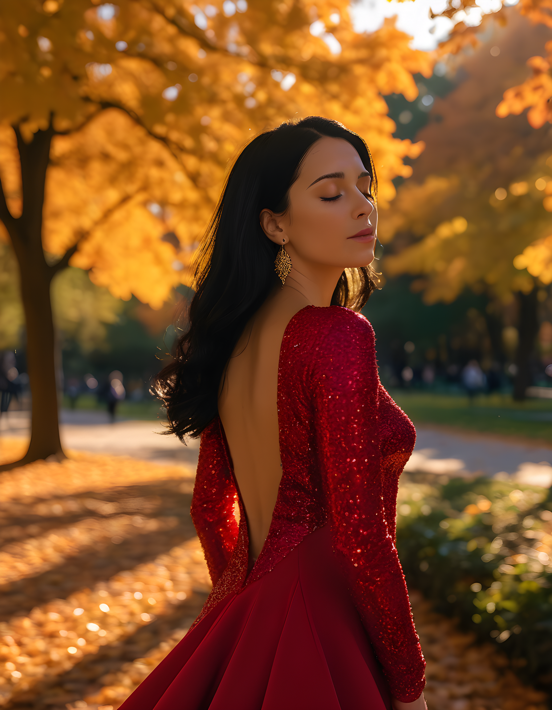In a bustling urban park bathed in the warm glow of the setting sun, K3RRYC, a woman with black hair cascading down her back and a striking mole below her left eye, stands alone amidst a sea of vibrant autumn foliage. She is dressed elegantly in a flowing red dress adorned with intricate gold jewelry that sparkles under the sun's golden rays. Her pose is serene and thoughtful as she gazes directly at the viewer with her closed eyes, one eye brown and the other black, a testament to her unique beauty. The park's lush greenery and the vibrant colors of the autumn leaves create a beautiful backdrop for this captivating scene. The camera angle is slightly elevated, offering a panoramic view of the park and K3RRYC, emphasizing her solitary and mesmerizing presence in the scene.