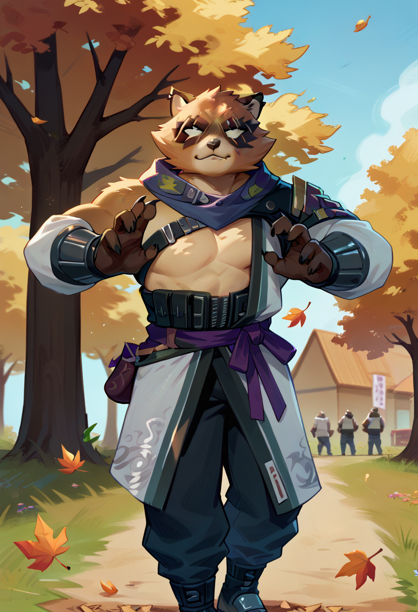 score_9, score_8_up, score_7_up, hi res, high quality, h4j1me, fortnite, furry, 1boy, solo, bara, smug, standing, legs out of frame, outside, falling leaves, stunned, looking up, <lora:Hajime_Fortnite:1>